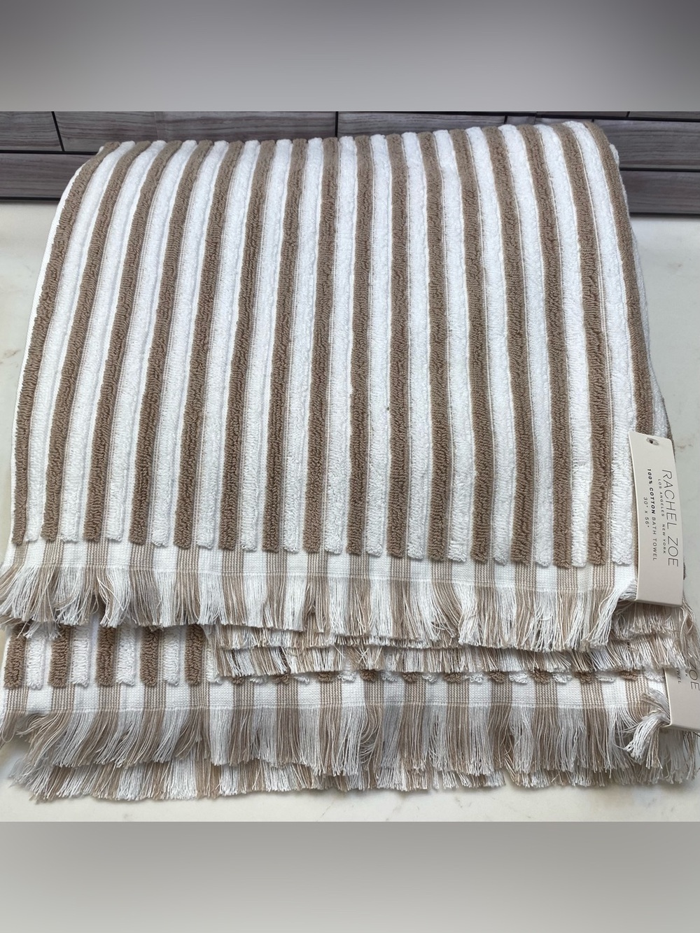 Rachel Zoe ❤️(2) Cotton Bath Towel Set 30x56”Tan/White stripe NWT
